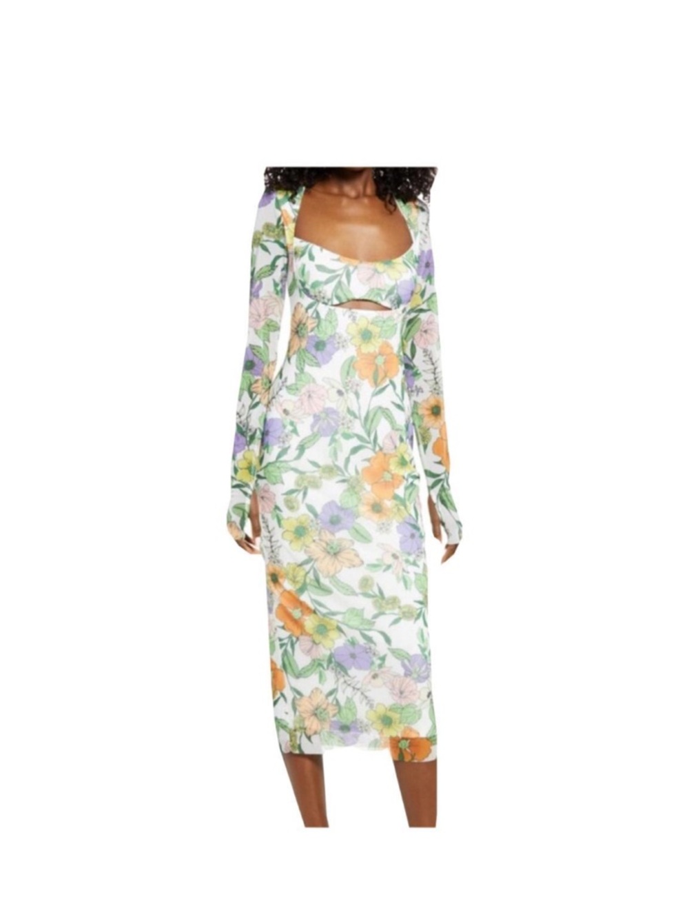 AFRM Floral Scoop Midi Dress in White with Orange & Purple